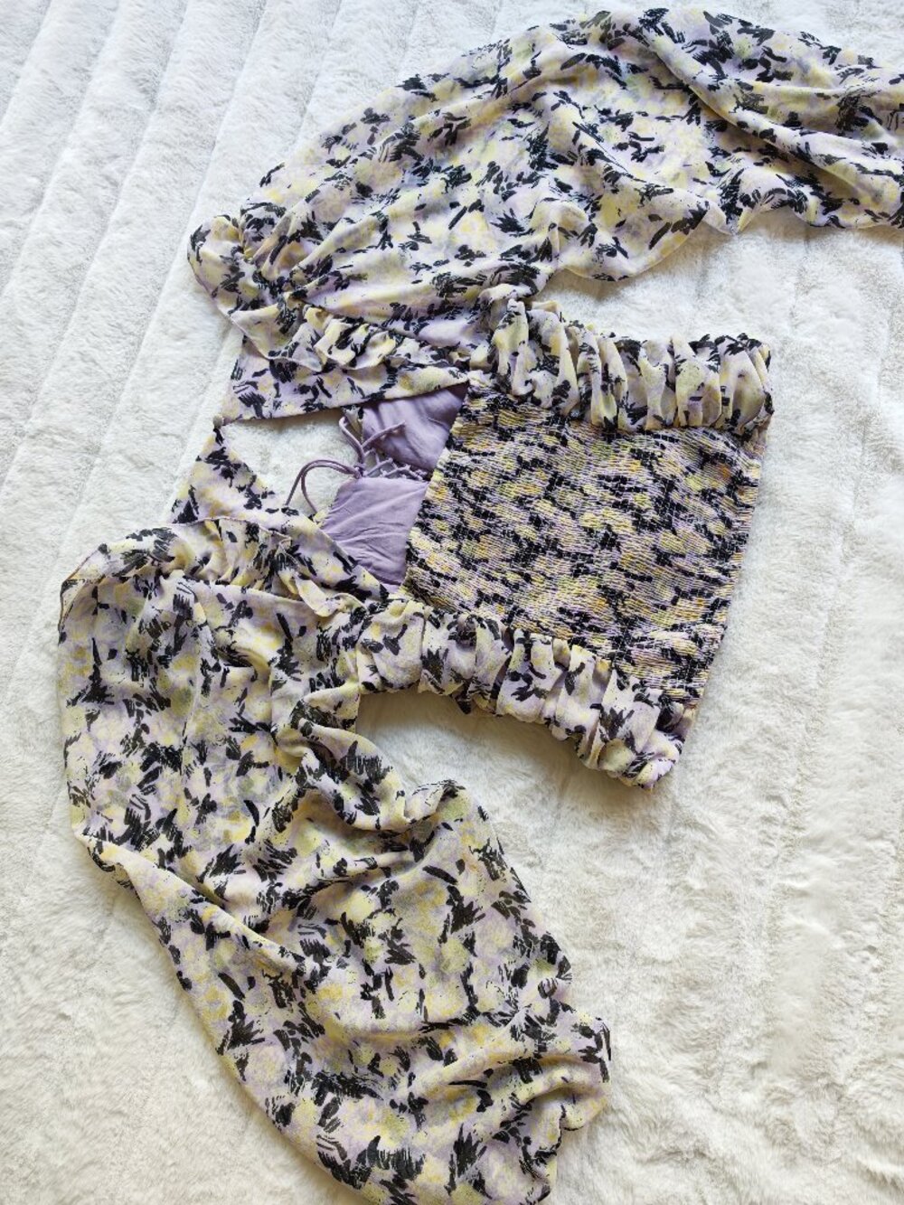 Free People Floral Ruched Blouse Top Puff Sleeve Tie Front Cottagecore Boho Roma - Picture 11 of 13